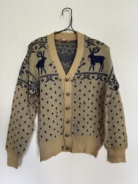 Vintage 40s 50s Jantzen Novelty Deer Holiday Cardigan Cream Blue Size S-M Grunge